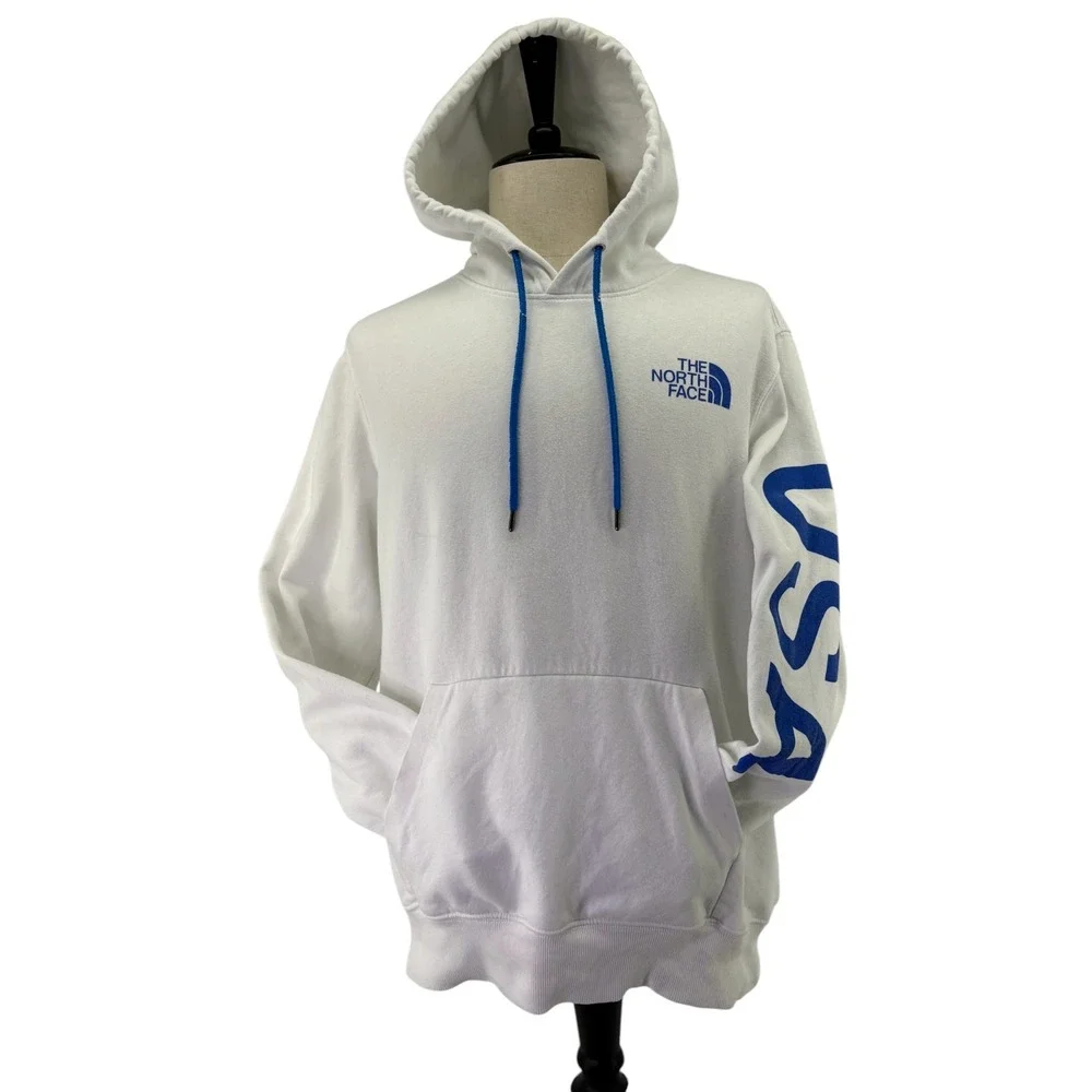 The North Face USA Graphic Hoodie Men's L White Blue Sweatshirt Patriotic
